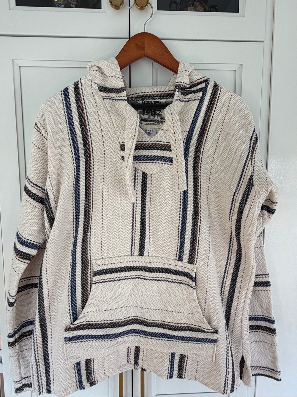 Striped Cream Baja Hoodie with Navy & Brown Accents